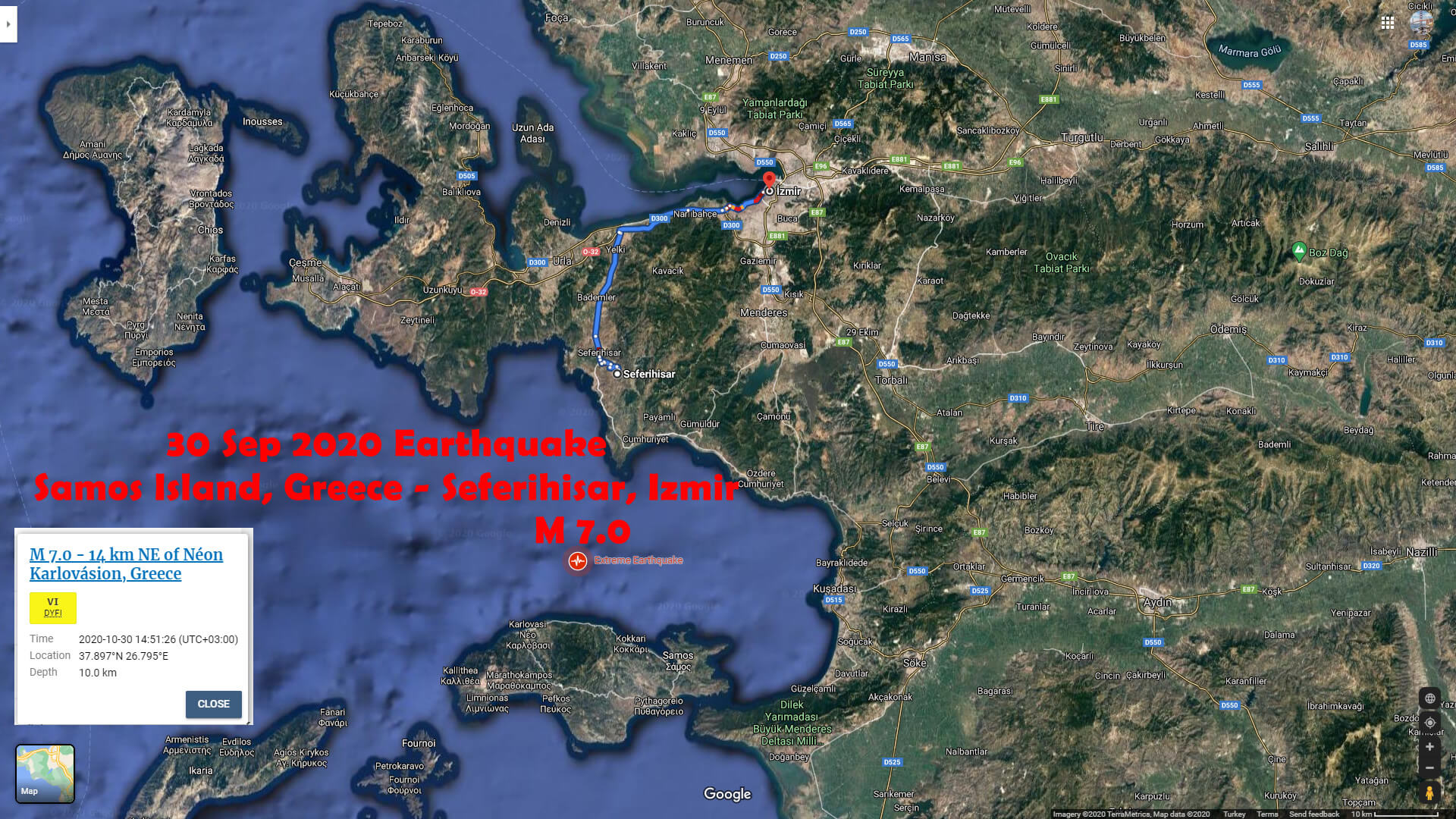 Samos Greece - Seferihisar Izmir - Sep 30 Earthquake Satellite Map